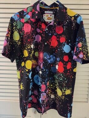 Oh Snap Men’s Black Short-Sleeve Multi Color Paint-Splash Button Shirt. Sz M